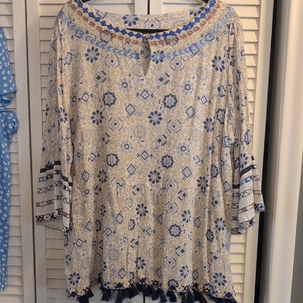 J. Jill Blue and Cream Patterned Blouse